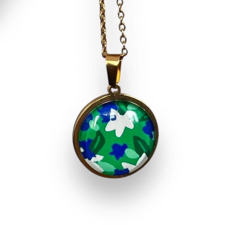 Blue, white and green floral Necklace - Golden Stainless Steel Necklace 