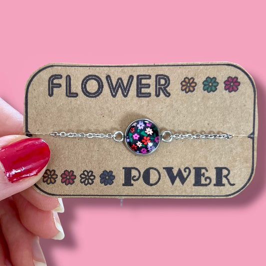 Bracelet Acier Inoxydable Fleurs roses et rouges sur fond noir