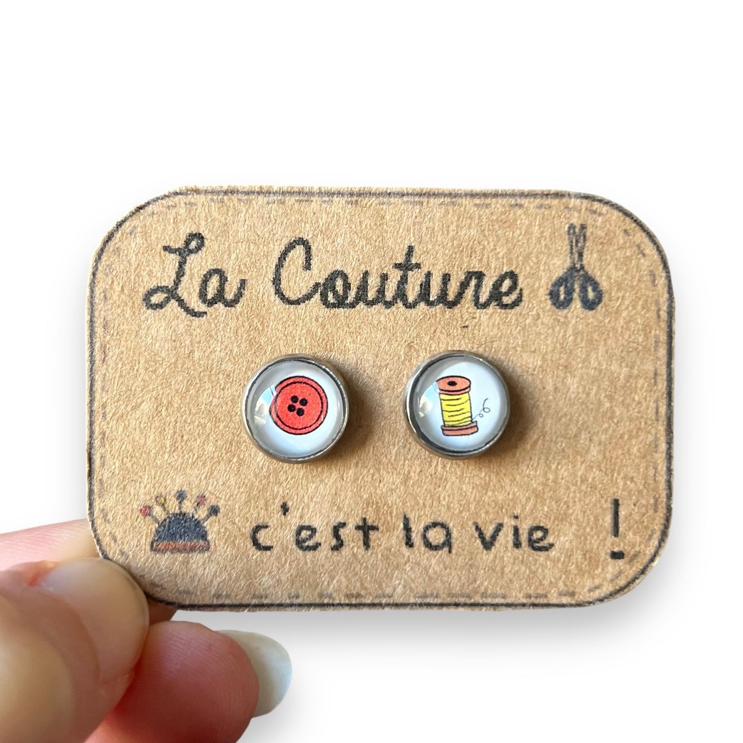 Mismatched Button and Thread Stud Earrings / "La Couture c'est la Vie! "