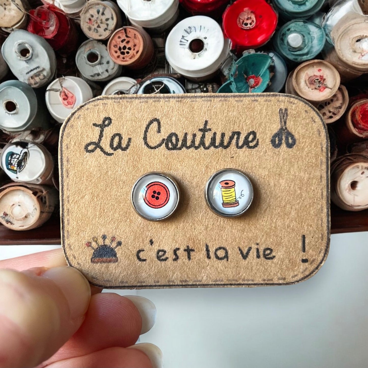 Mismatched Button and Thread Stud Earrings / "La Couture c'est la Vie! "