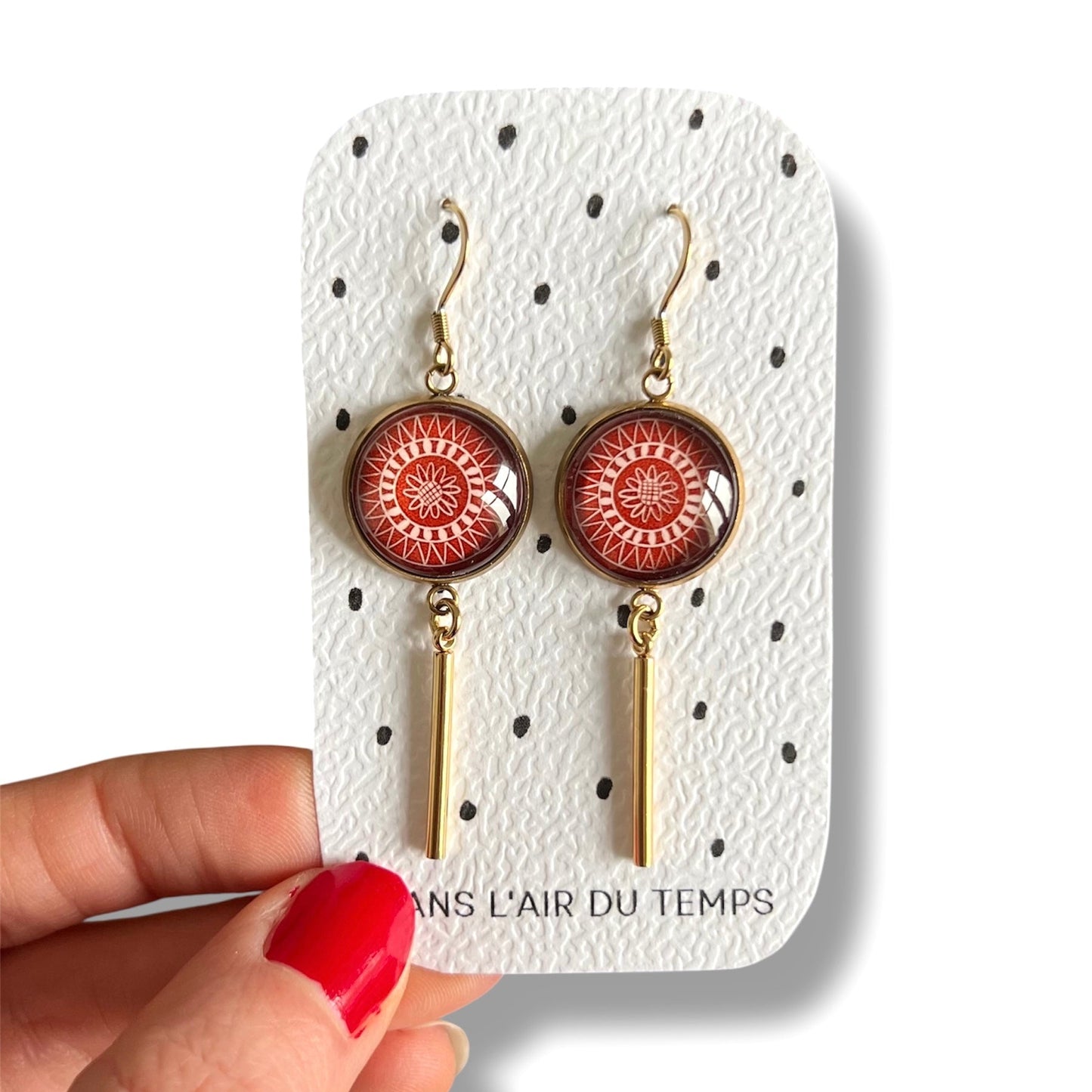 Burgundy mandala Dangle Earrings, Golden 