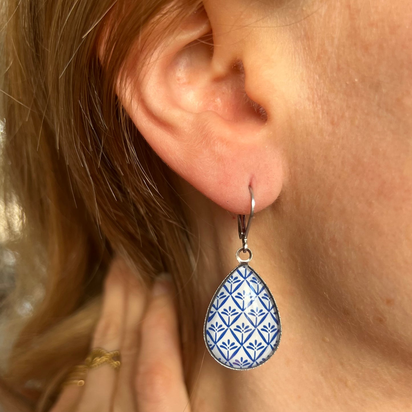 Blue and White Silver Teardrop Earrings