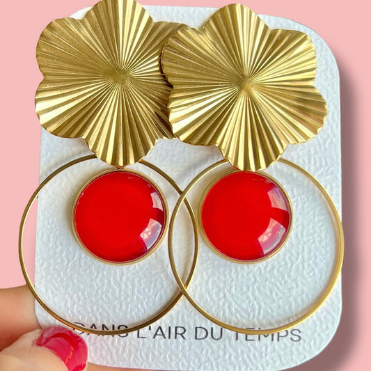 Big red Dangle Earrings, Golden or Silver Finish