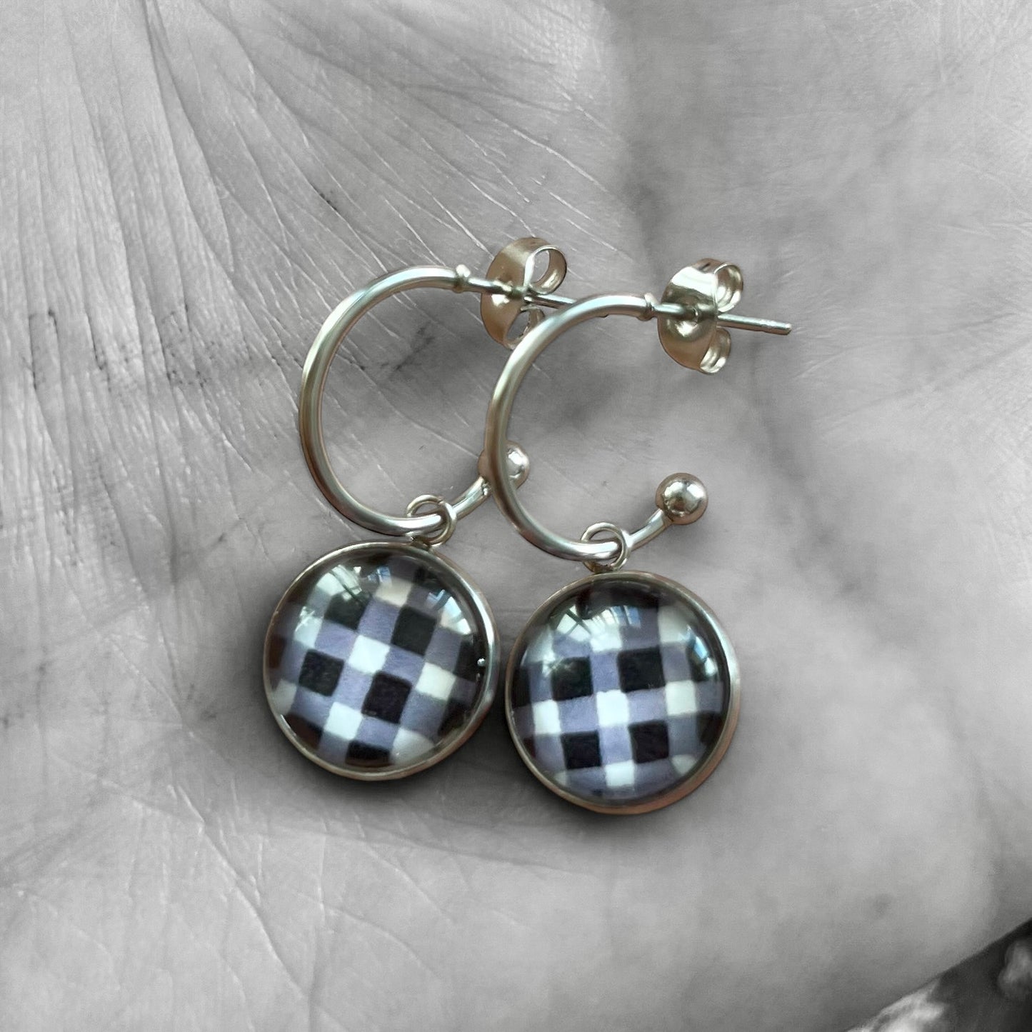 Black and White Gingham Hoop Earrings