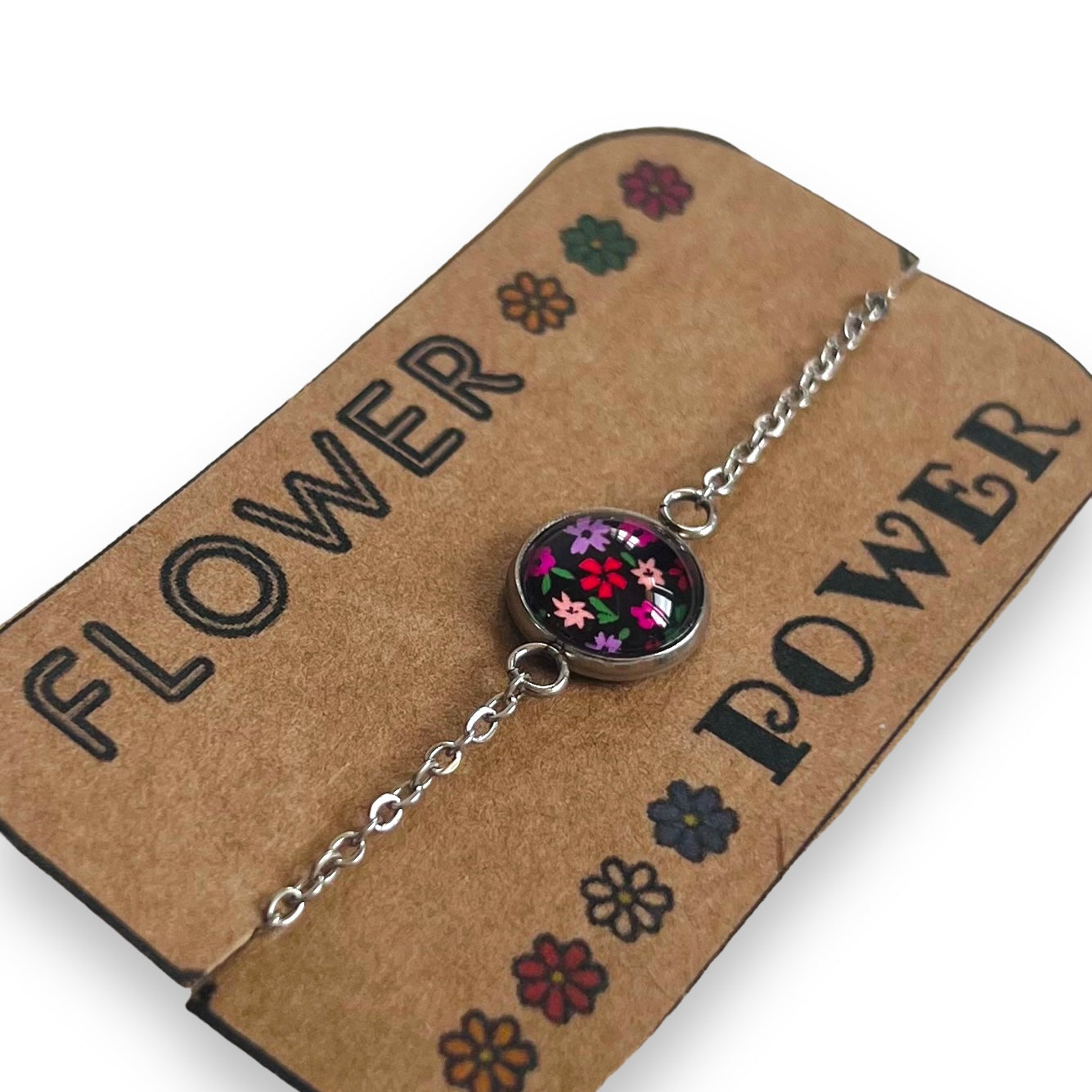 Bracelet Acier Inoxydable Fleurs roses et rouges sur fond noir