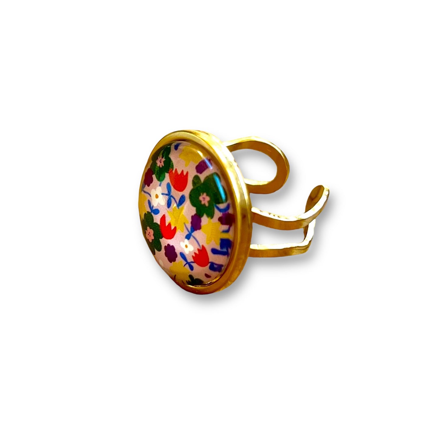 Bague Fleurs multicolores fond rose clair