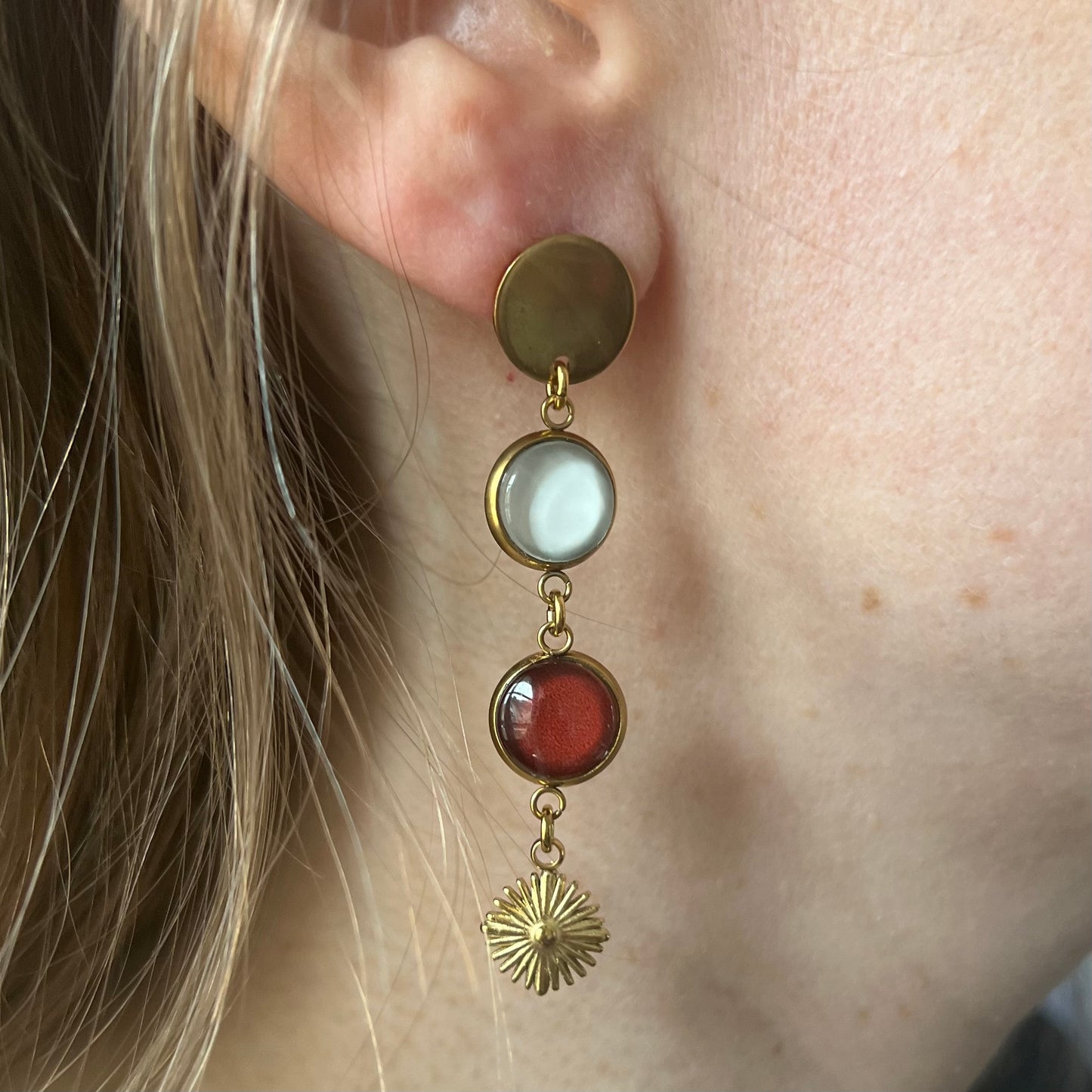 Burgundy and beige mismatched Earrings 
