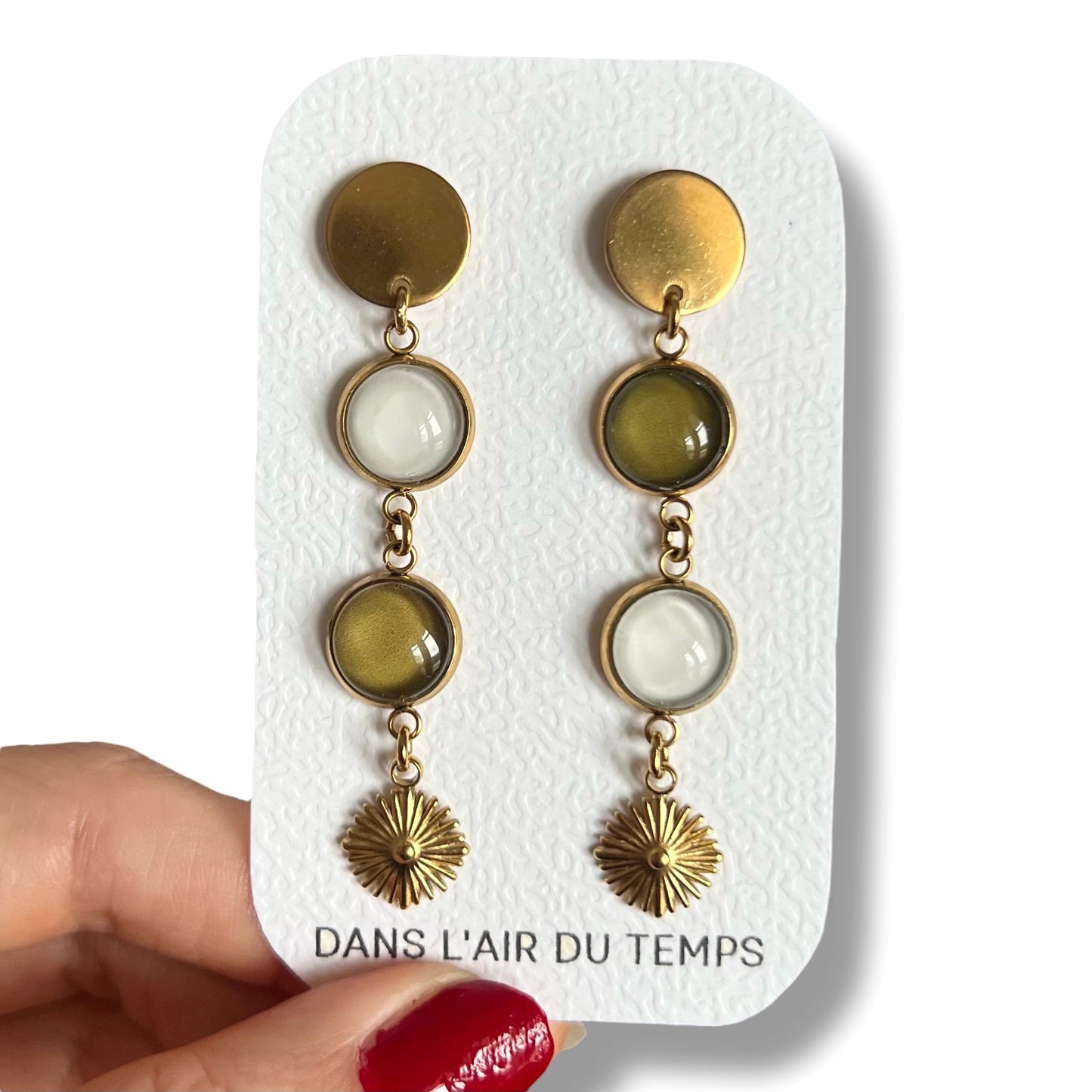 Boucles d'oreilles fines kaki et beiges