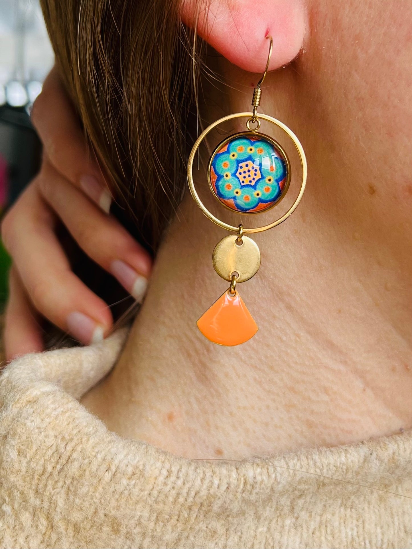 Orange and green floral mismatched Earrings , Golden or Silver Finish