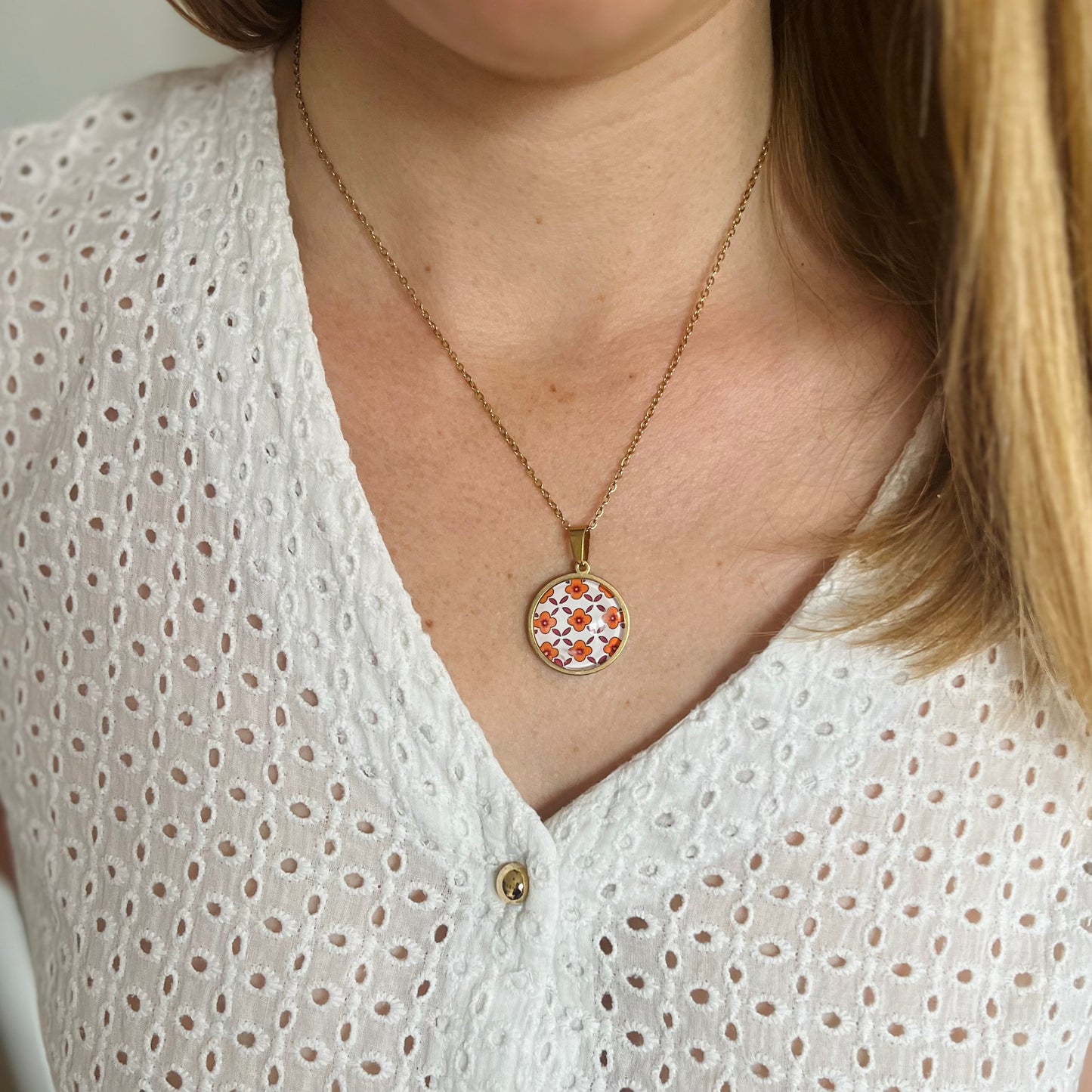 Boho Orange FLORAL Necklace - Golden silver Stainless Steel Necklace 