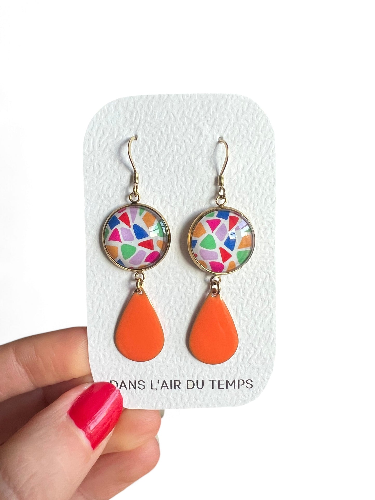 BOUCLES D'OREILLES pendantes motif terrazzo multicolore, finition dorée ou argentée