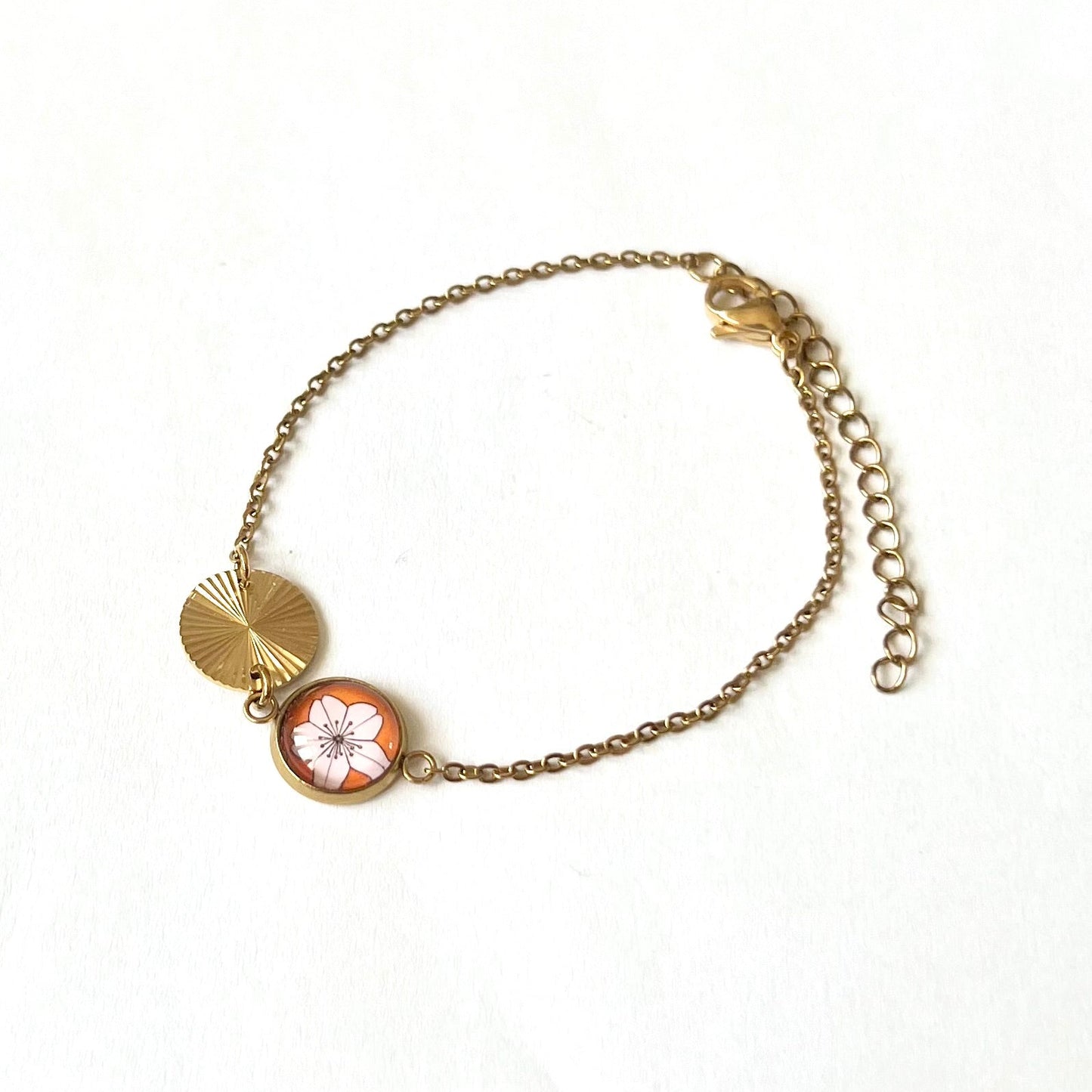 Bracelet fin fleur de sakura orange et rose, finition dorée ou argentée