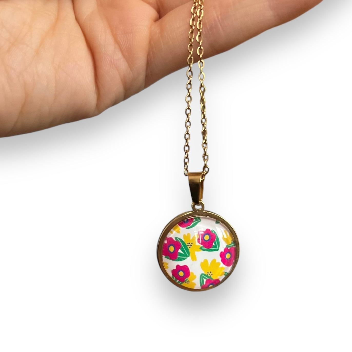 Pink and yellow FLORAL Necklace - Golden Stainless Steel Necklace 