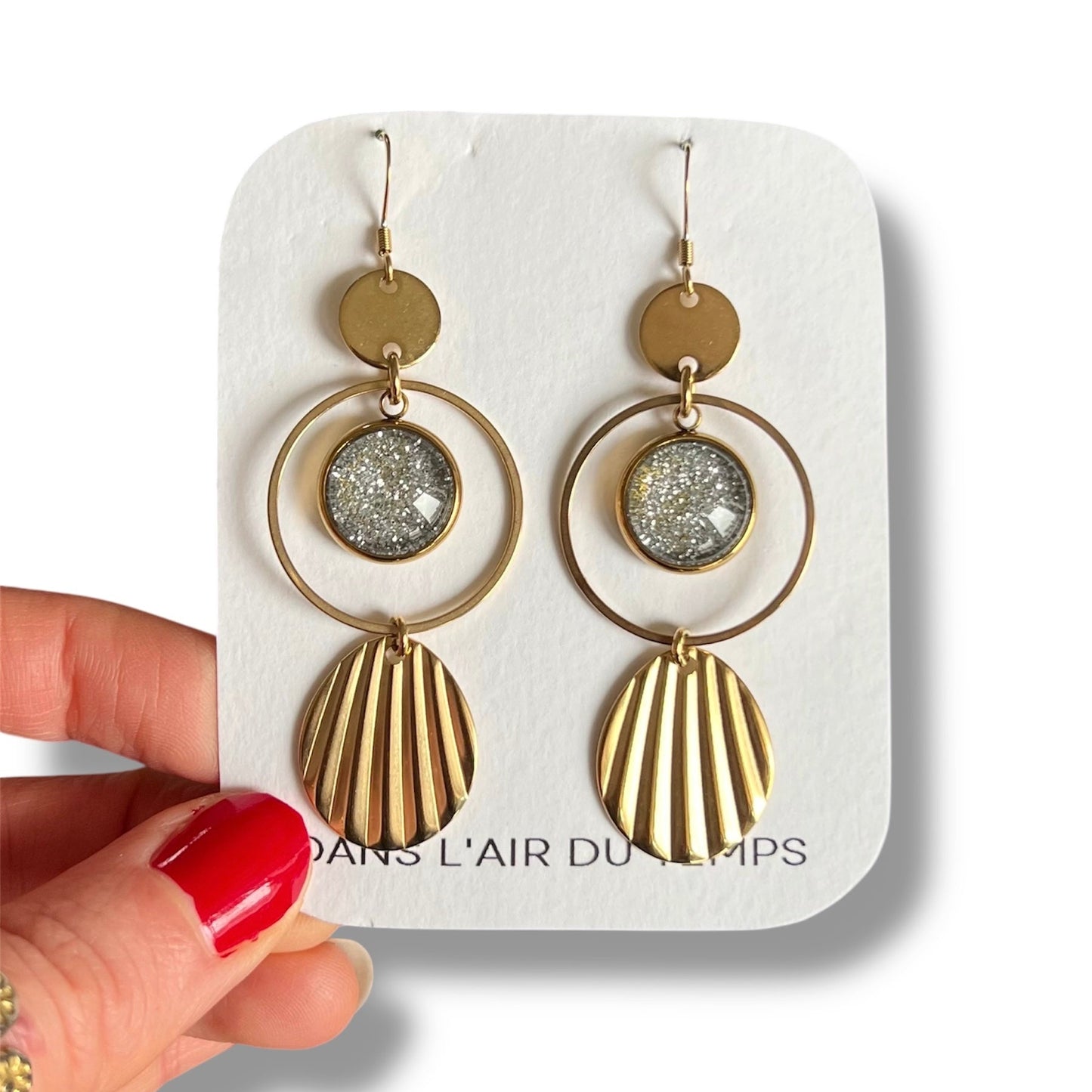 Silver glitter Earrings, golden finish