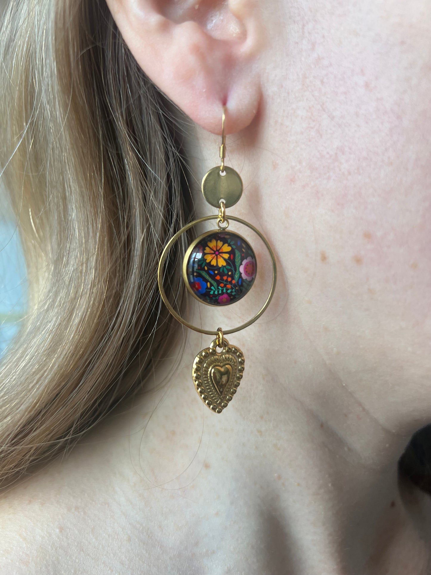colorful and black floral Earrings, mexican heart