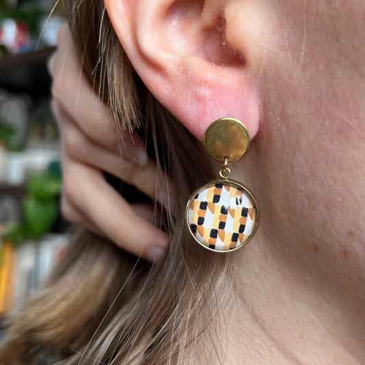 beige and black geometric earrings, Golden or Silver Finish