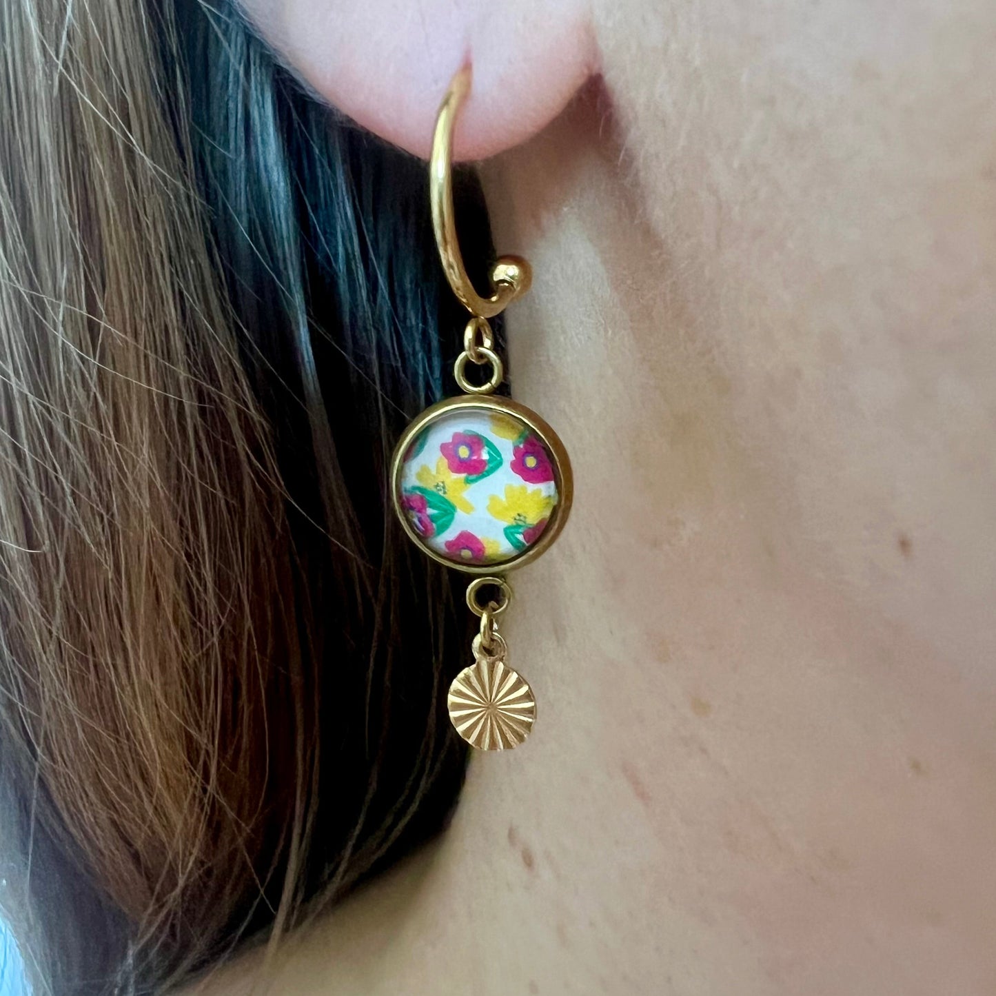 Mini Créoles fleurs roses et jaunes