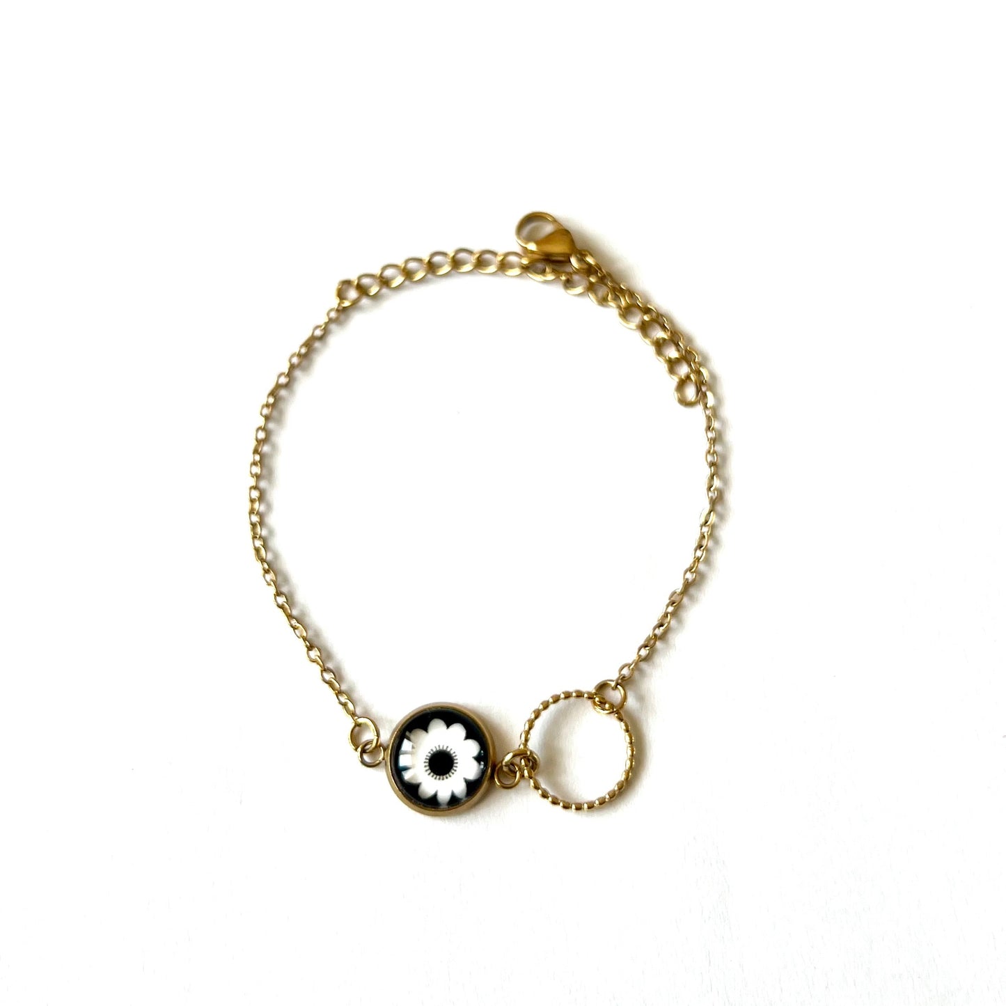 Bracelet fleur noire et blanche, finition dorée ou argentée