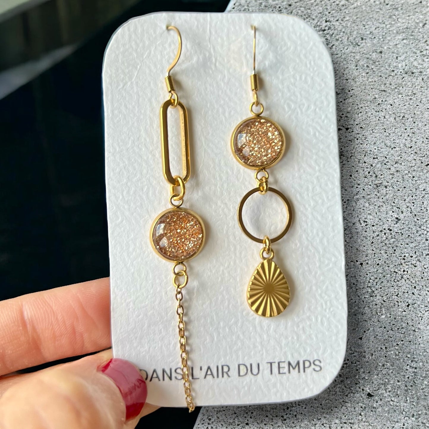 gold glitter mismatched Earrings , Golden Finish