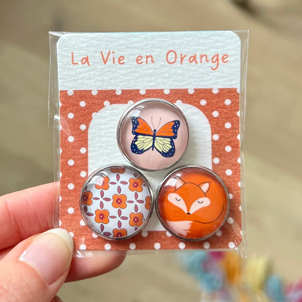 Lot de 3 magnets colorés orange - Renard, Papillon, Fleurs