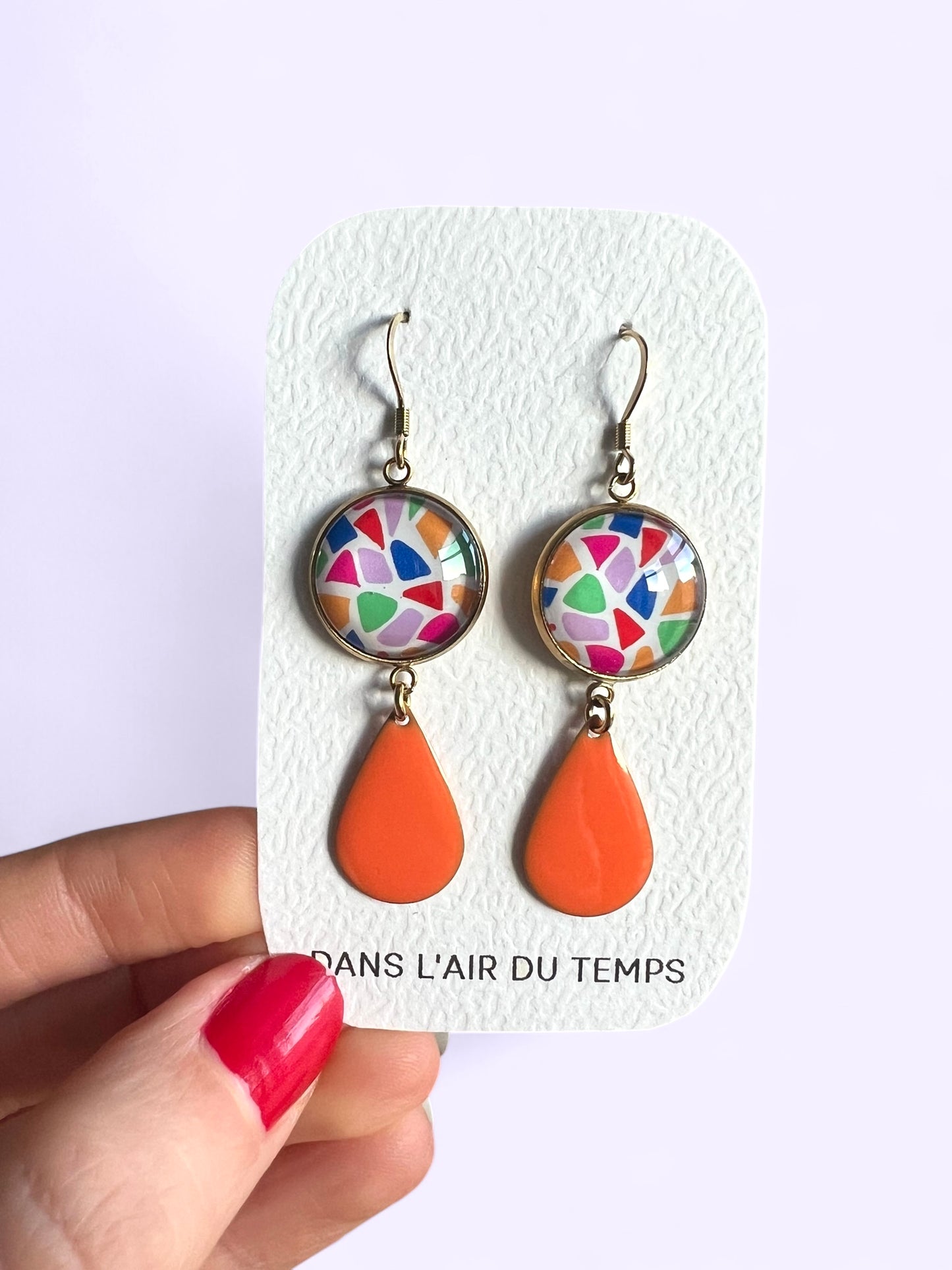 BOUCLES D'OREILLES pendantes motif terrazzo multicolore, finition dorée ou argentée