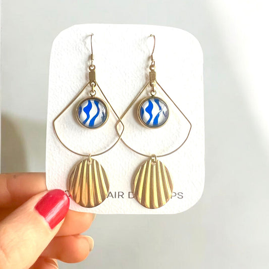 Blue and White Wavy Earrings , Golden Earrings