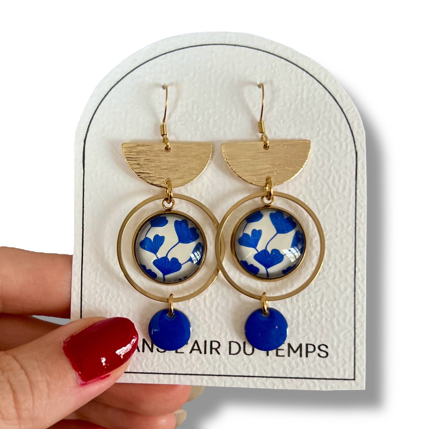 blue ginkgo leaves Earrings , Golden Stainless Steel Earrings 