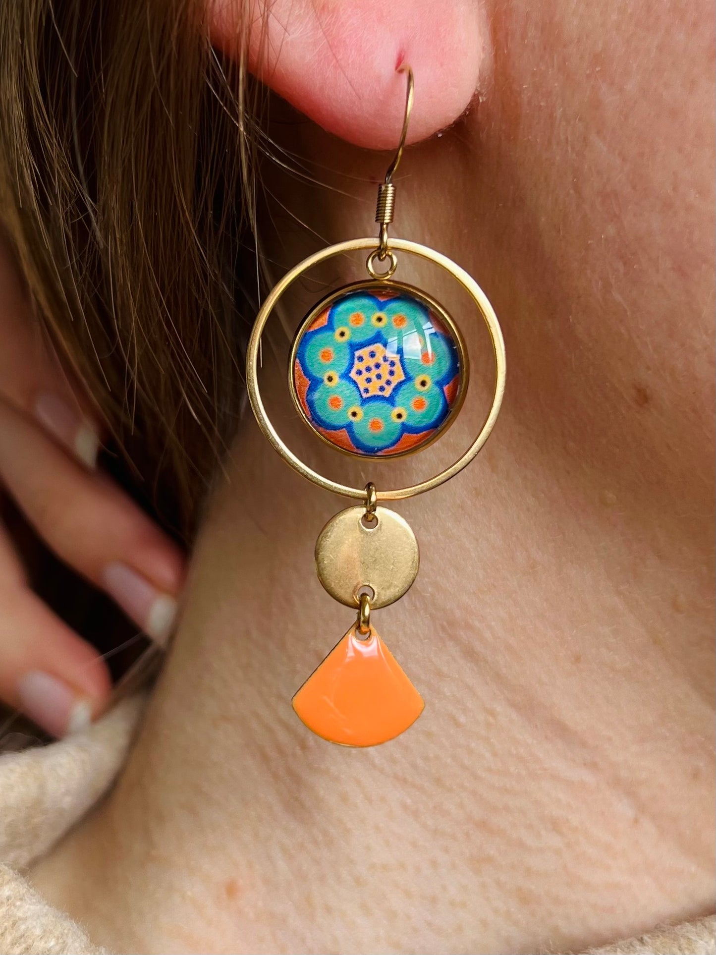 Orange and green floral mismatched Earrings , Golden or Silver Finish