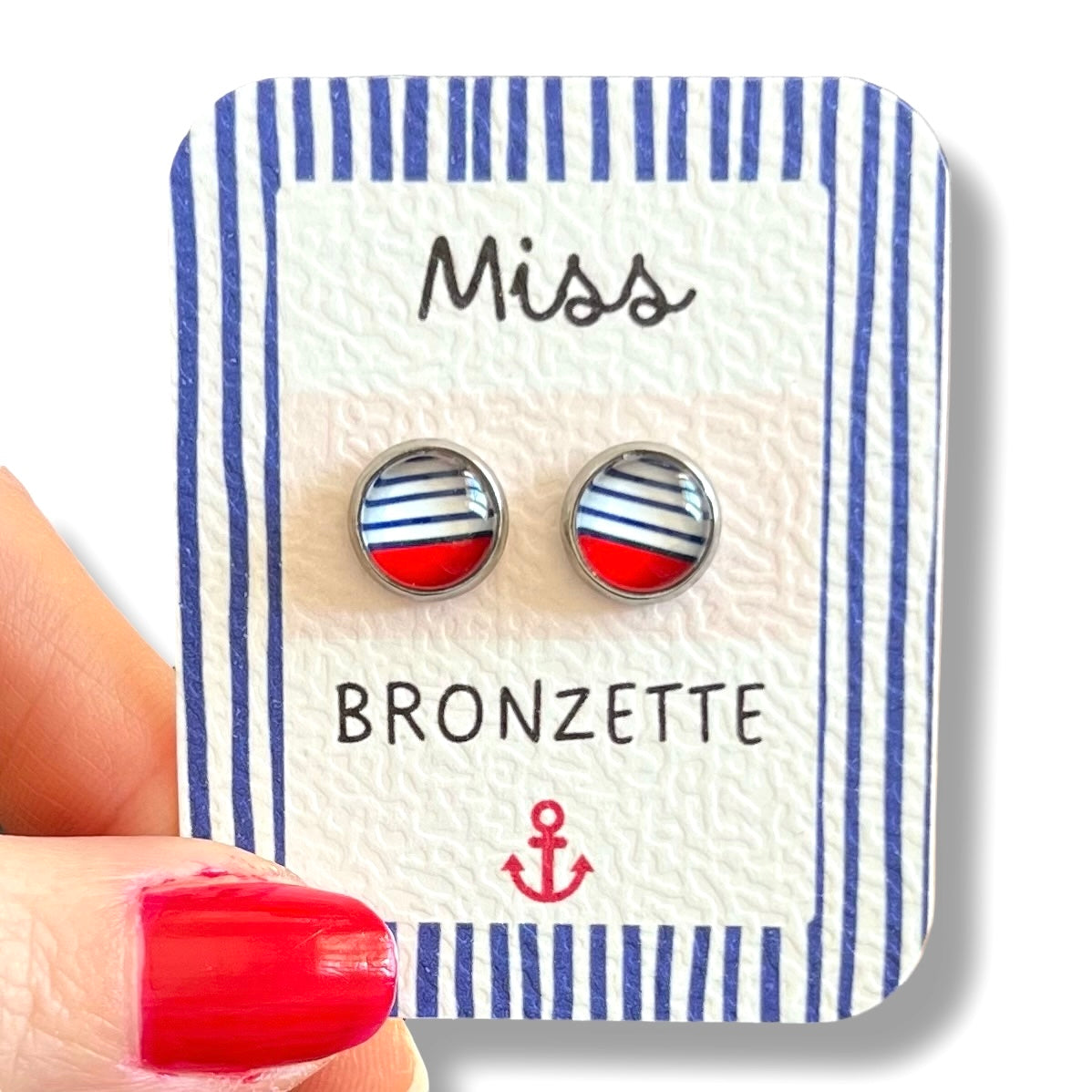 Puces d'Oreilles Enfant Rayures Bleues et Rouges /Miss Bronzette!