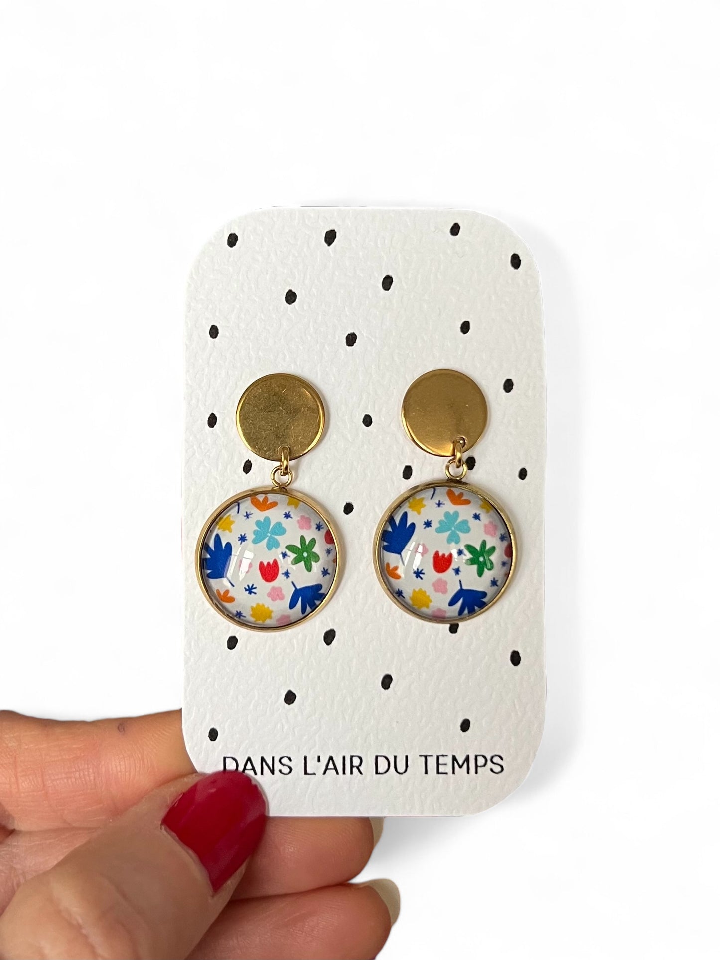 Boucles d'Oreilles motif géométrique multicolores style matisse finition dorée ou argentée