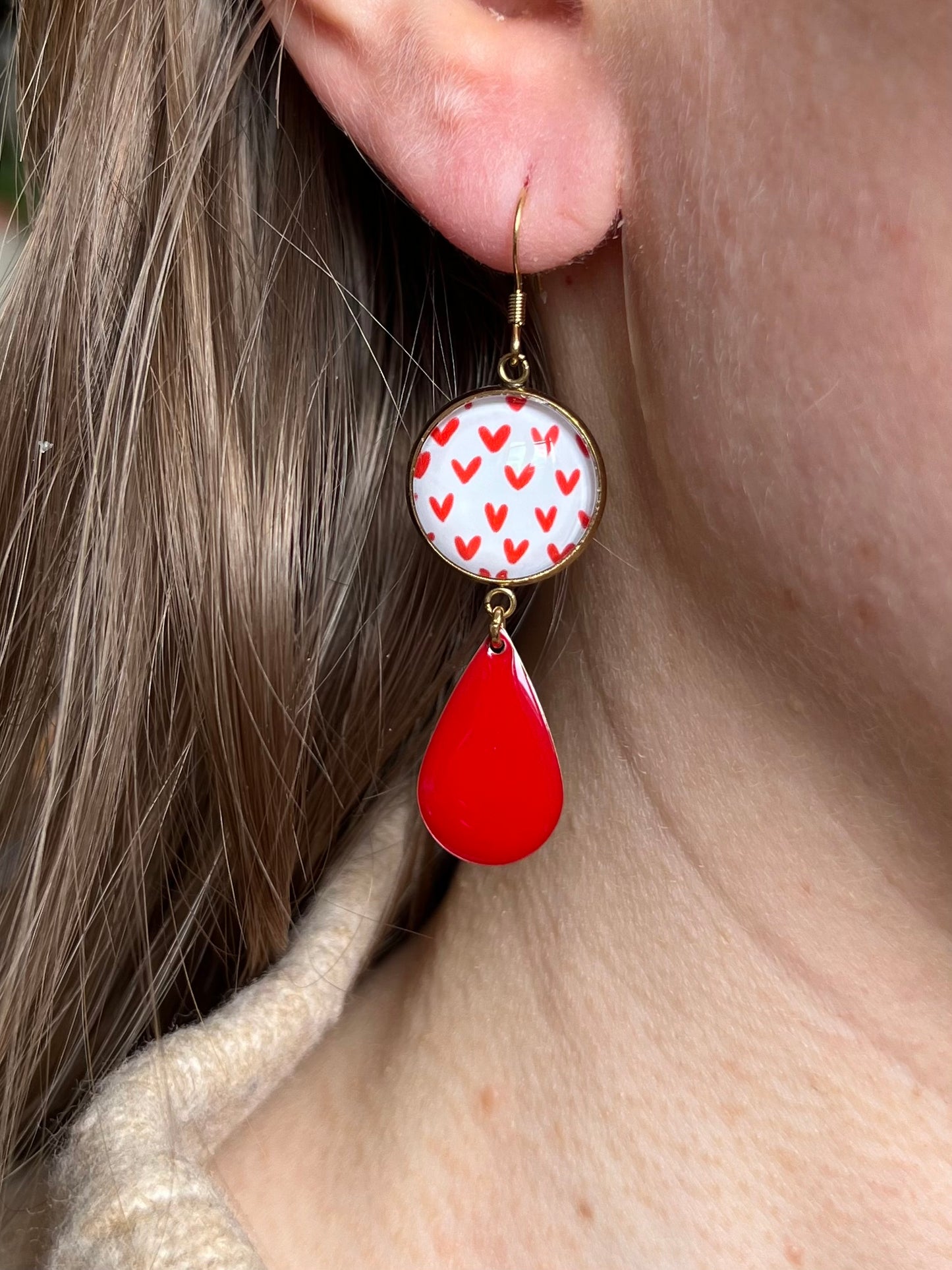 small red hearts Earrings, red Enamel, Golden or Silver Finish