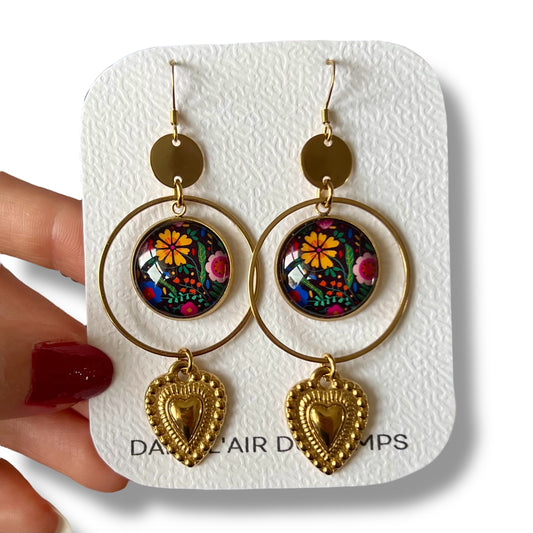 colorful and black floral Earrings, mexican heart