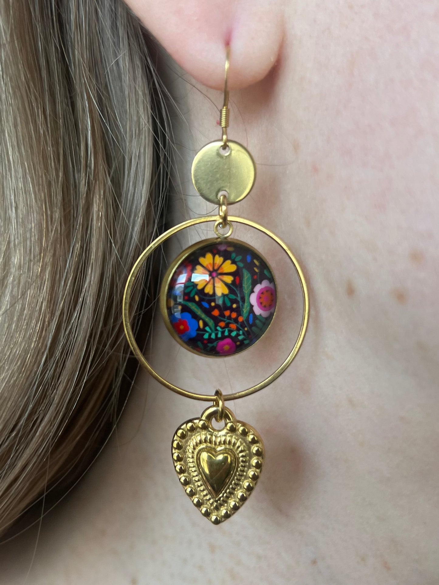 colorful and black floral Earrings, mexican heart