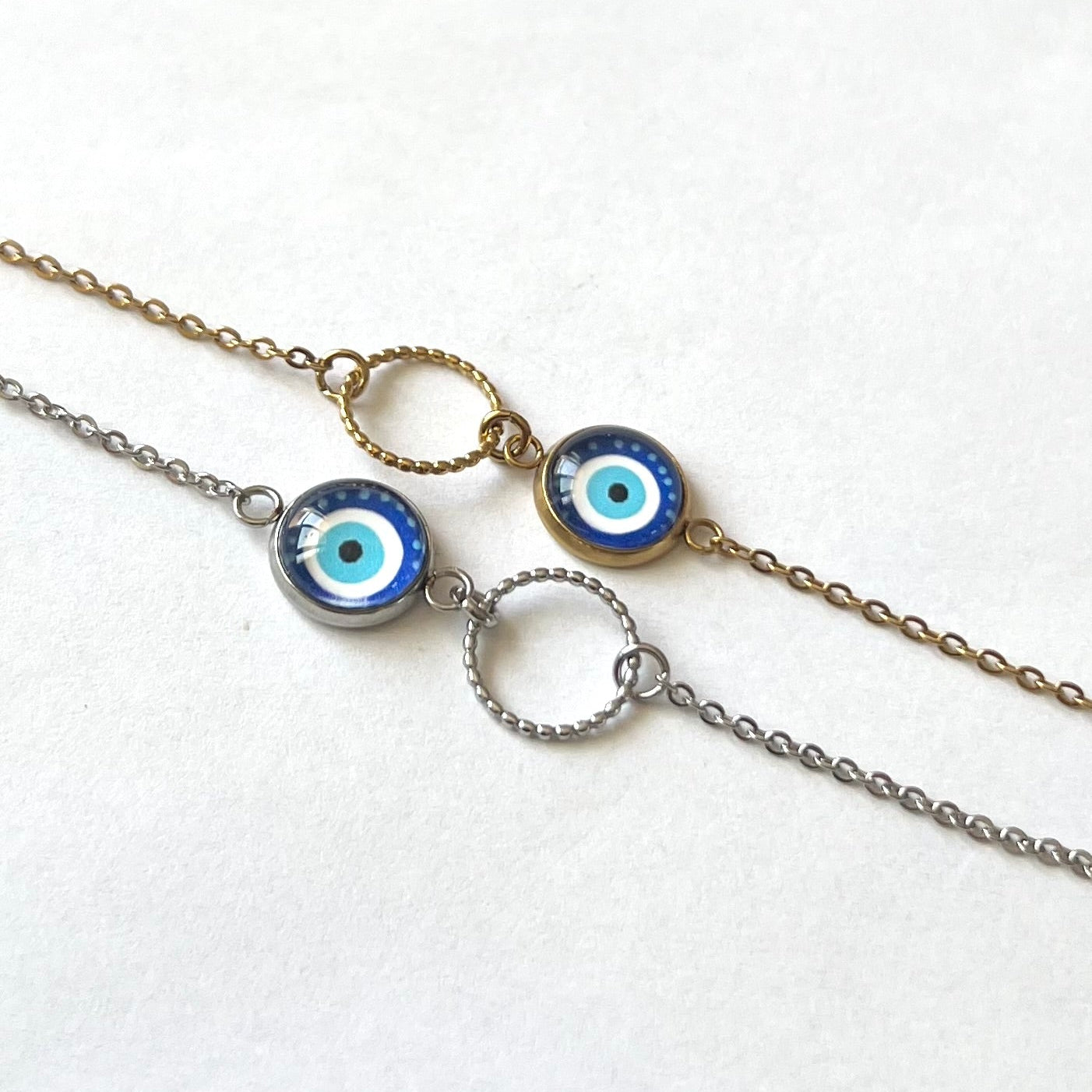 Bracelet oeil protecteur bleu, anneau ciselé, finition dorée ou argentée