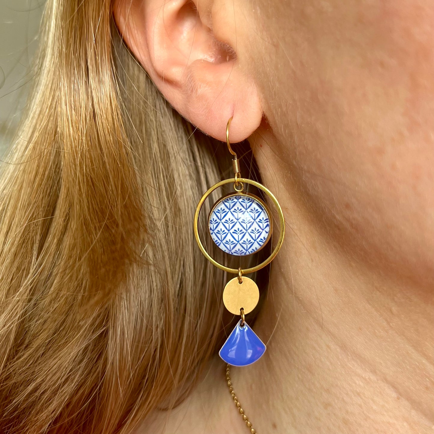 Blue and White mismatched Earrings , Golden Stainless Steel Earrings 