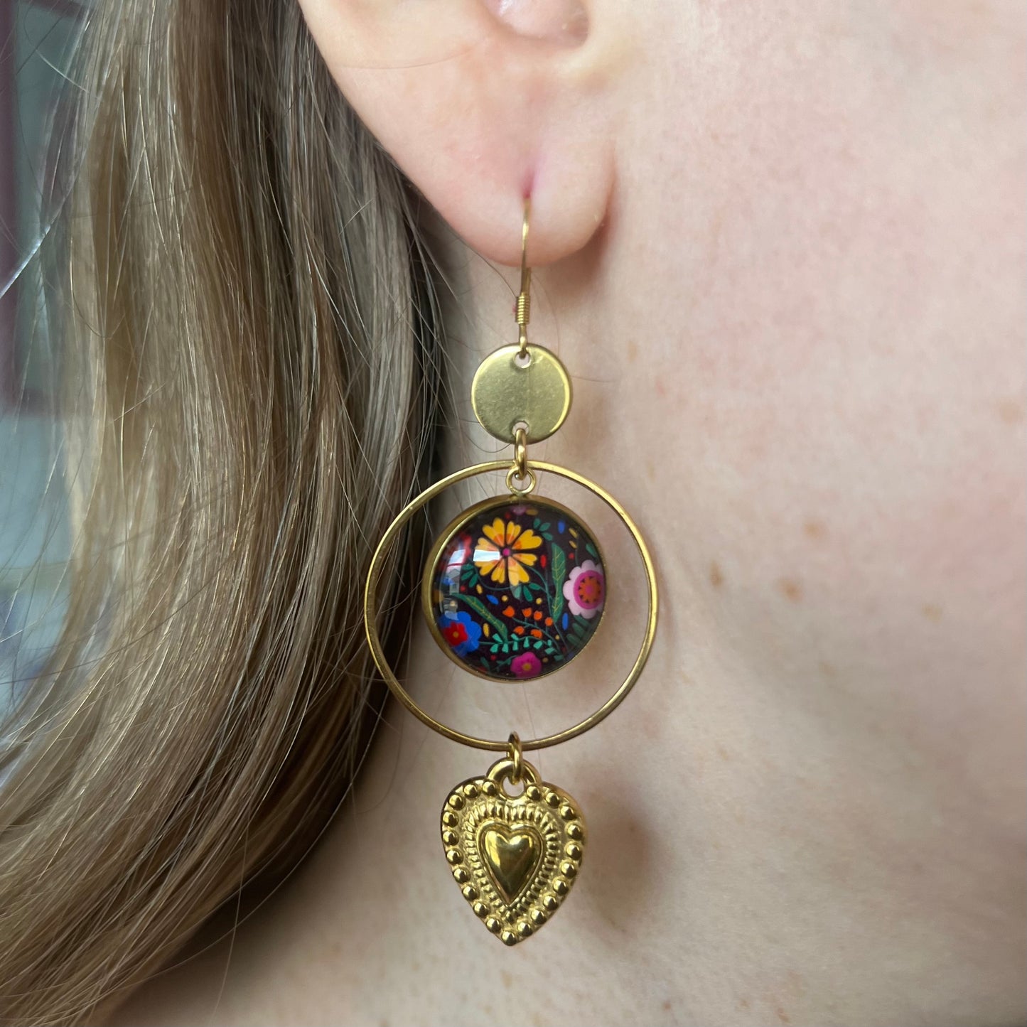 colorful and black floral Earrings, mexican heart