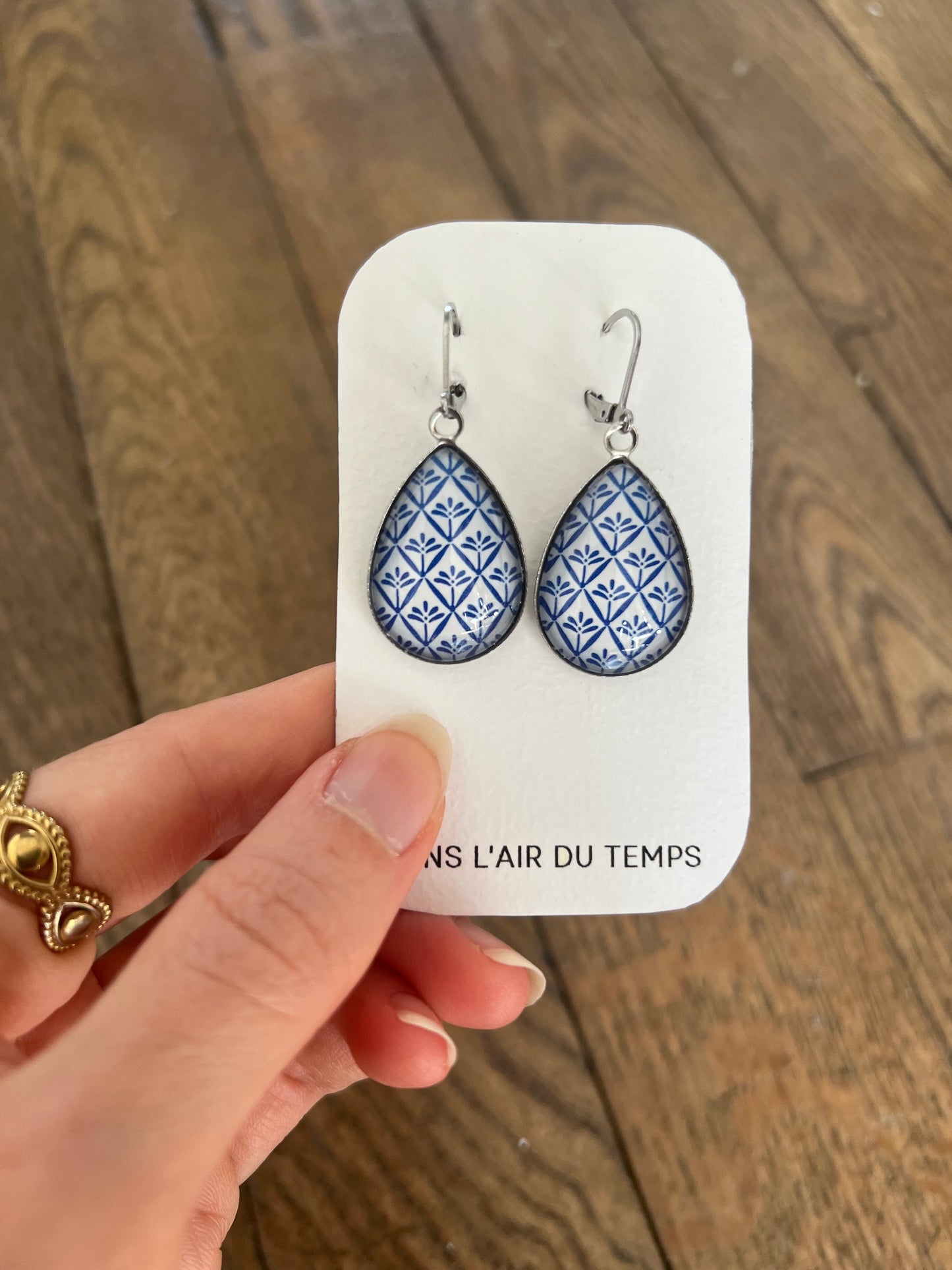 Blue and White Silver Teardrop Earrings