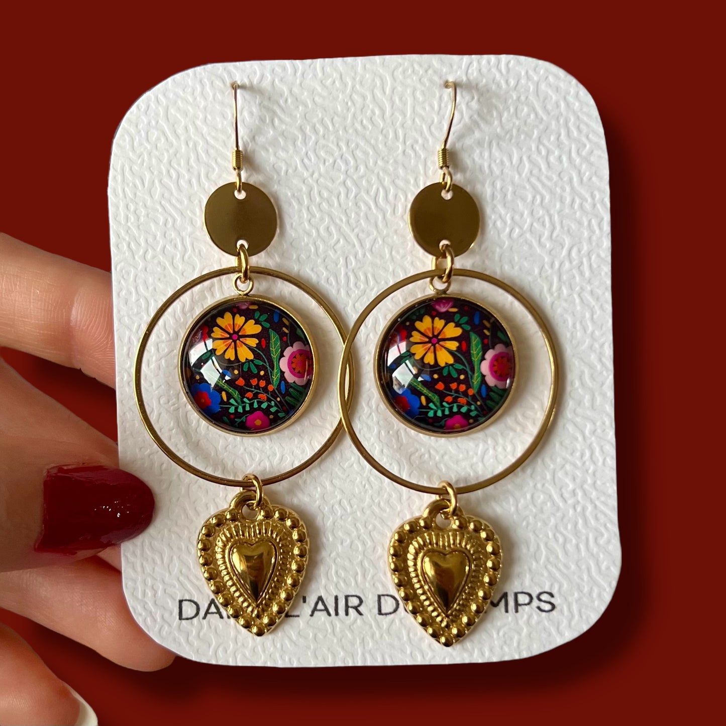 colorful and black floral Earrings, mexican heart