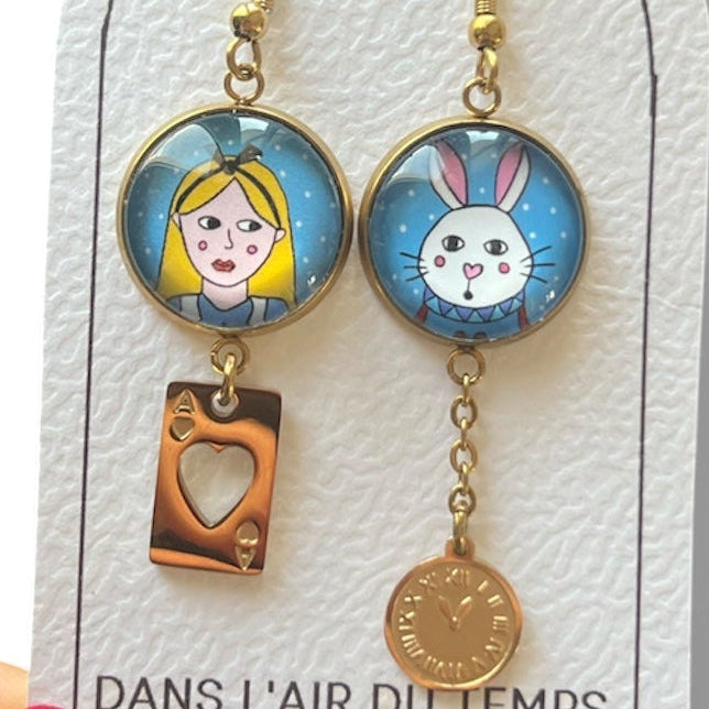 Boucles d'Oreilles Alice aux pays des Merveilles et Lapin blanc