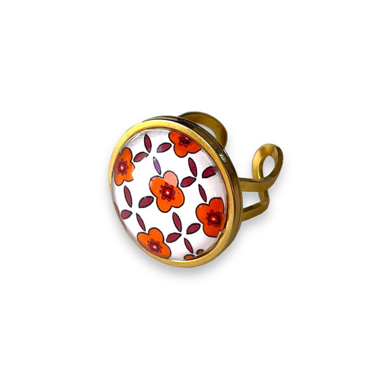 Bague dorée / argentée motif bohème fleurs oranges