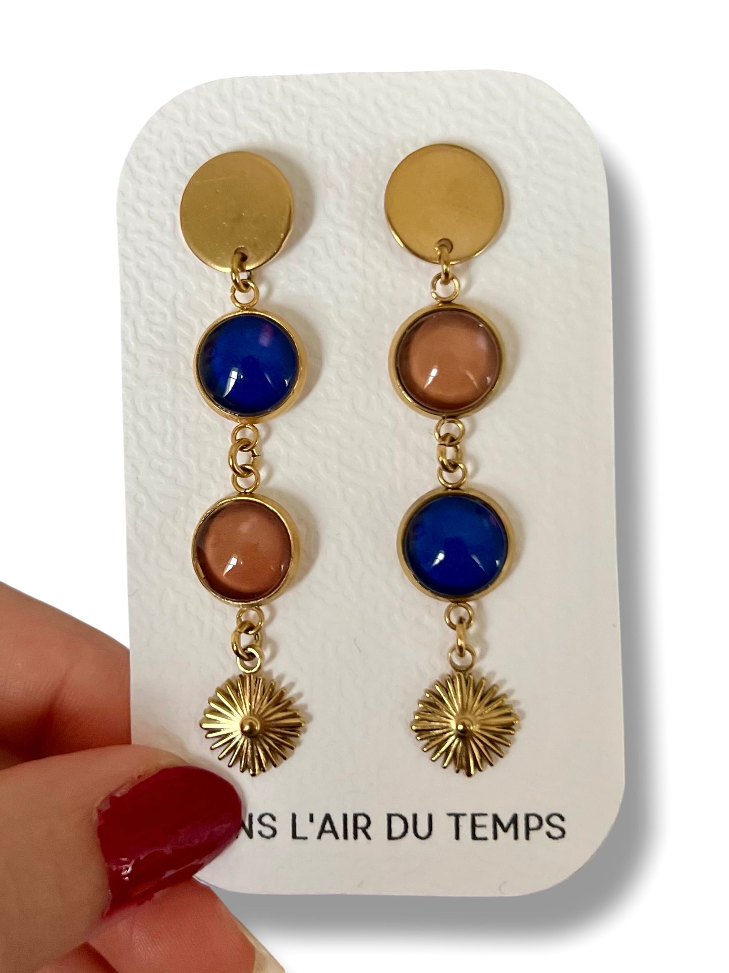 Boucles d'oreilles fines camel et bleu marine