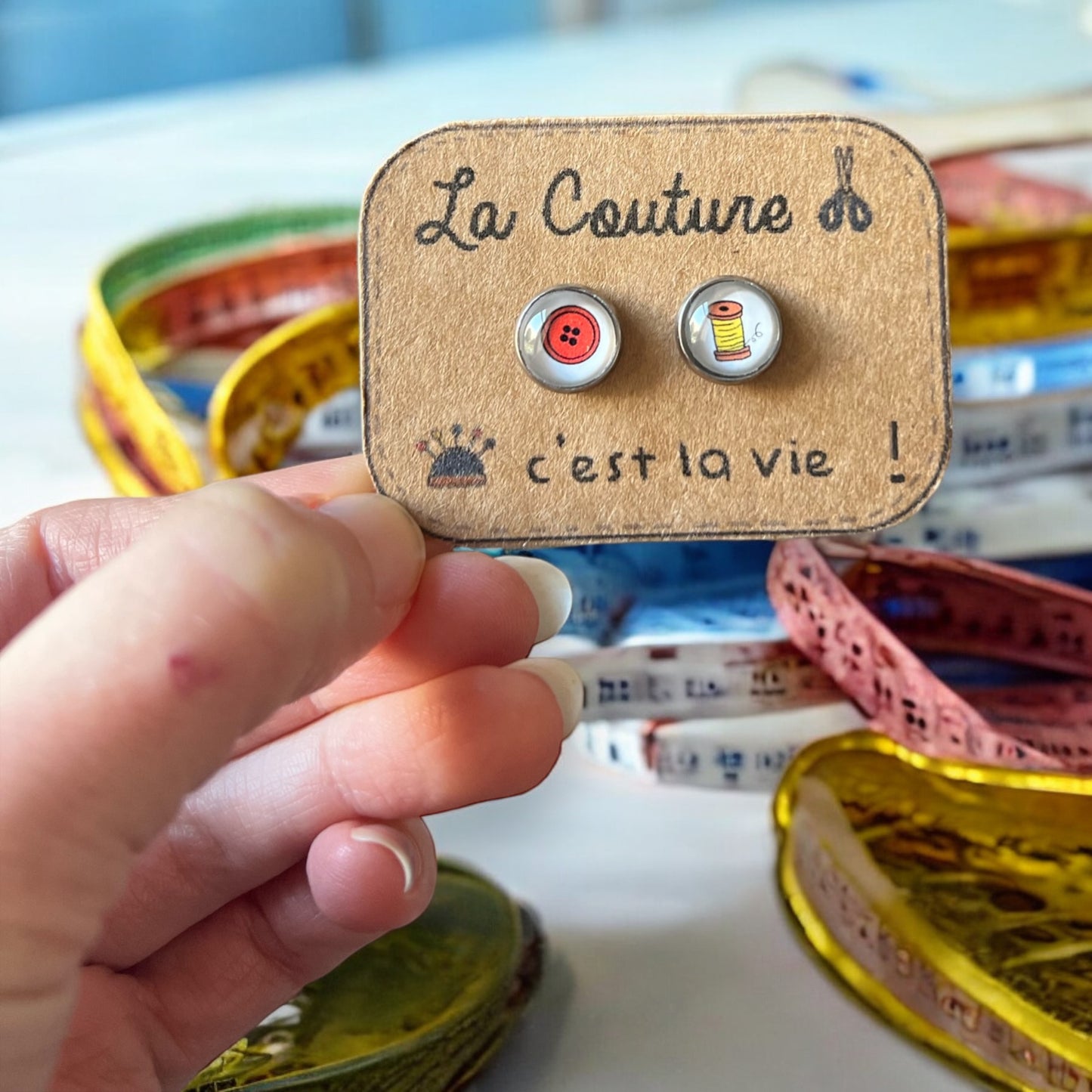 Mismatched Button and Thread Stud Earrings / "La Couture c'est la Vie! "