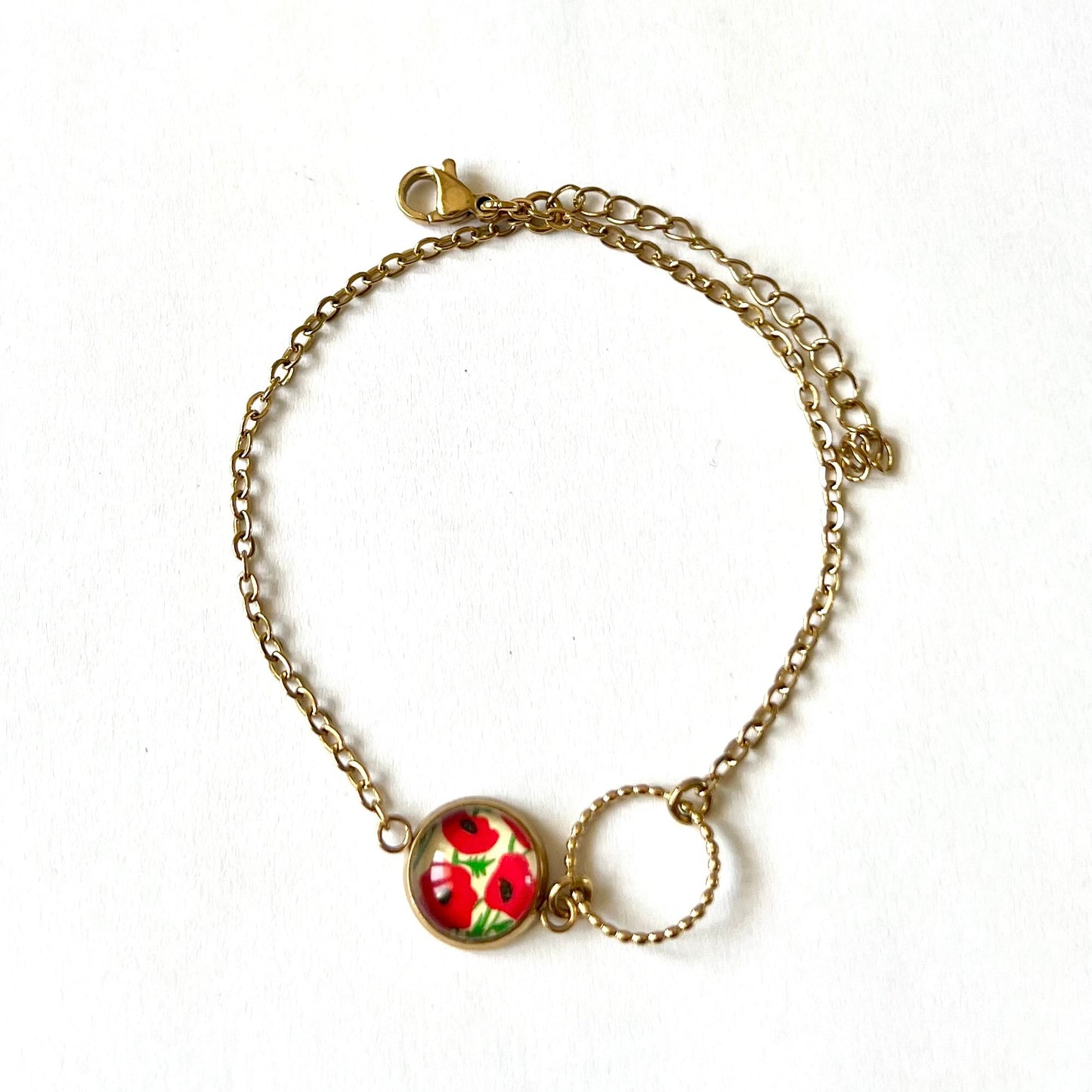 Bracelet fin coquelicots, anneau ciselé, finition dorée ou argentée