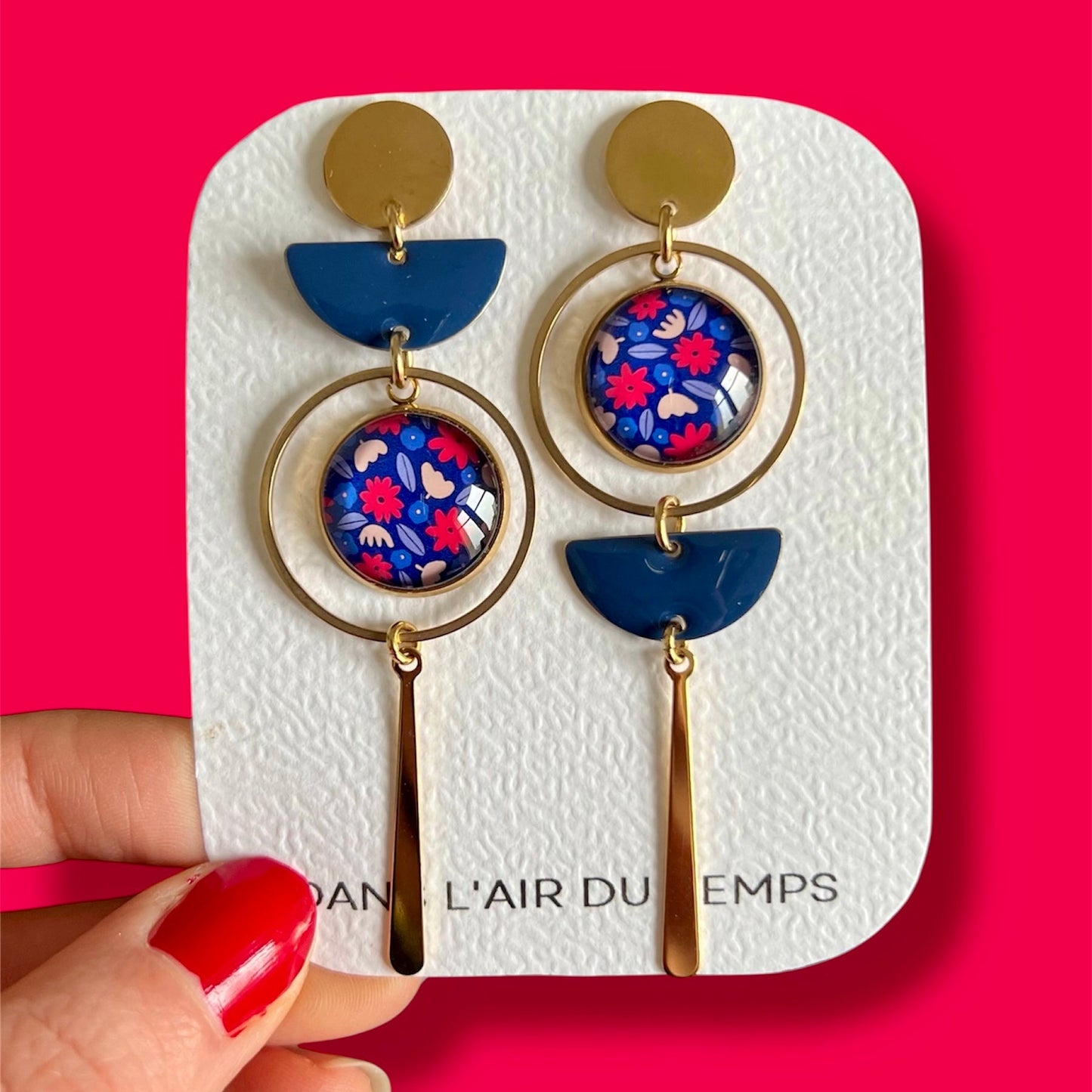 Red and blue flowers mismatched Earrings , Golden or Silver Finish 