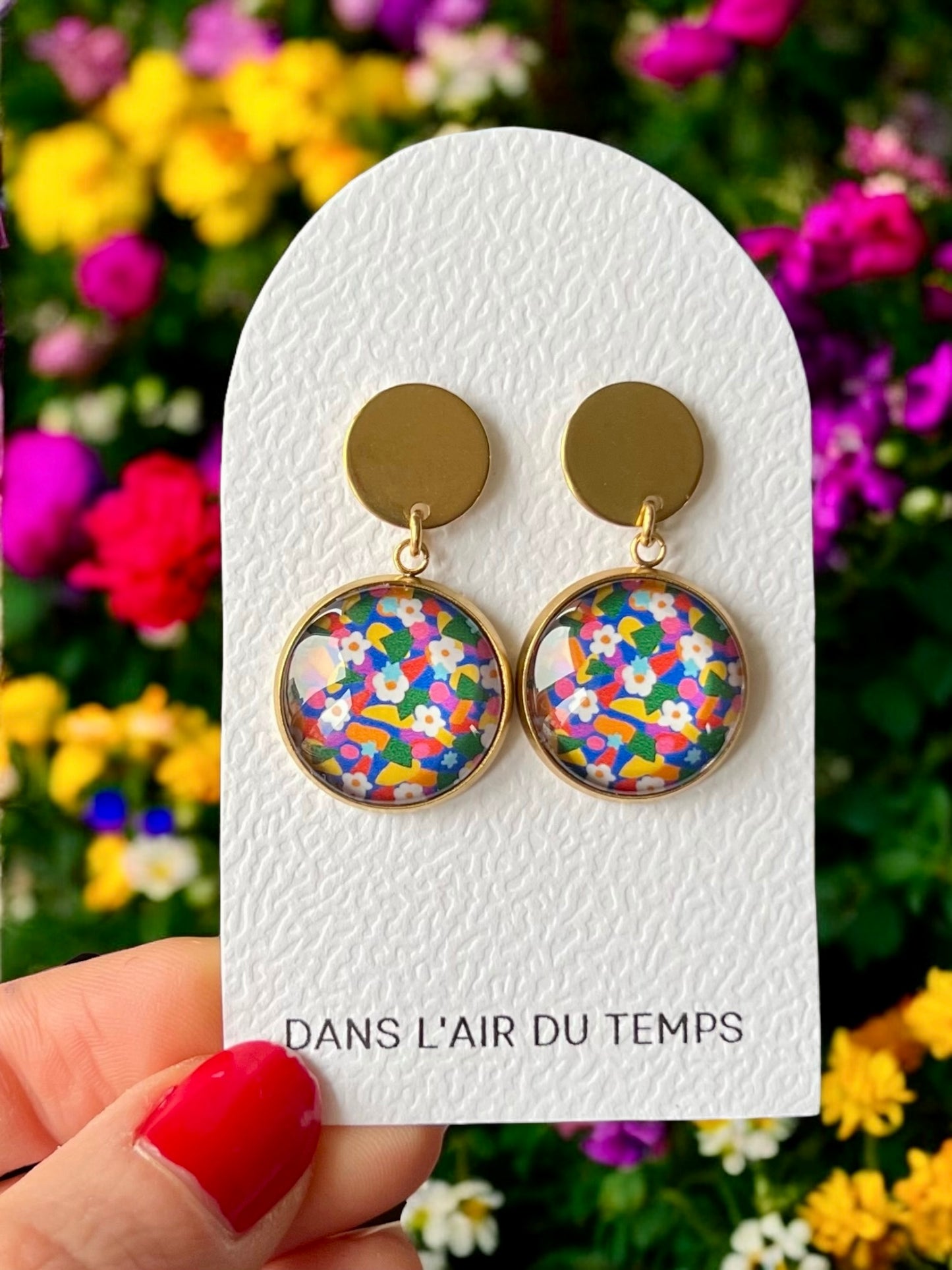 Boucles d'oreilles fleurs liberty multicolores finition dorée ou argentée