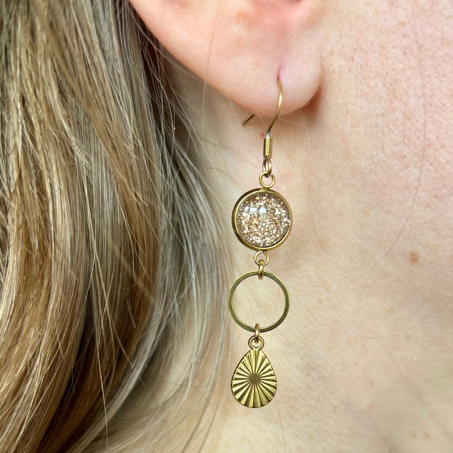 gold glitter mismatched Earrings , Golden Finish