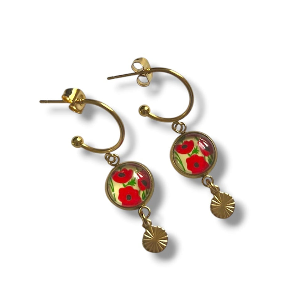 Orange and Green Mandala HOOP EARRINGS, golden or silver finish