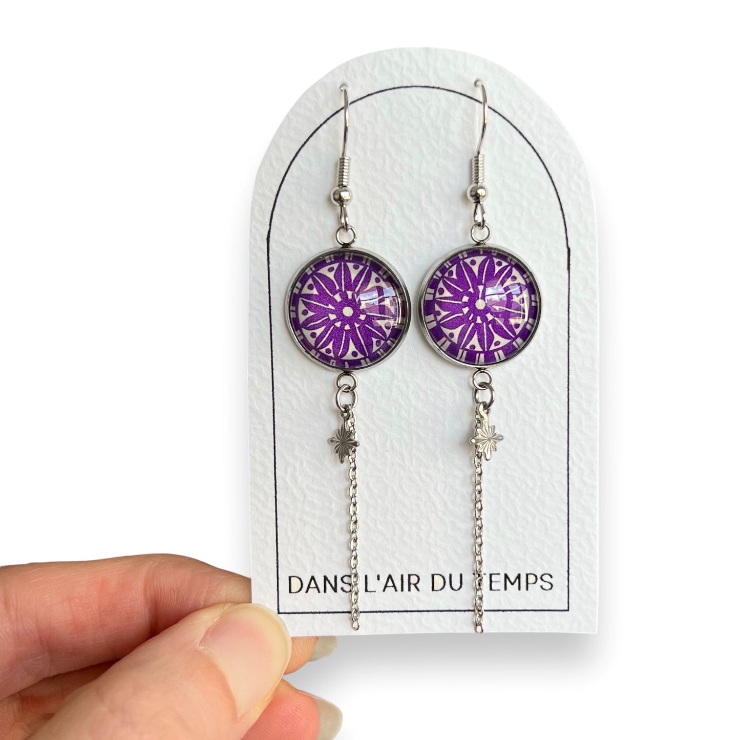 Boucles d'Oreilles Mandala Violettes et chainette