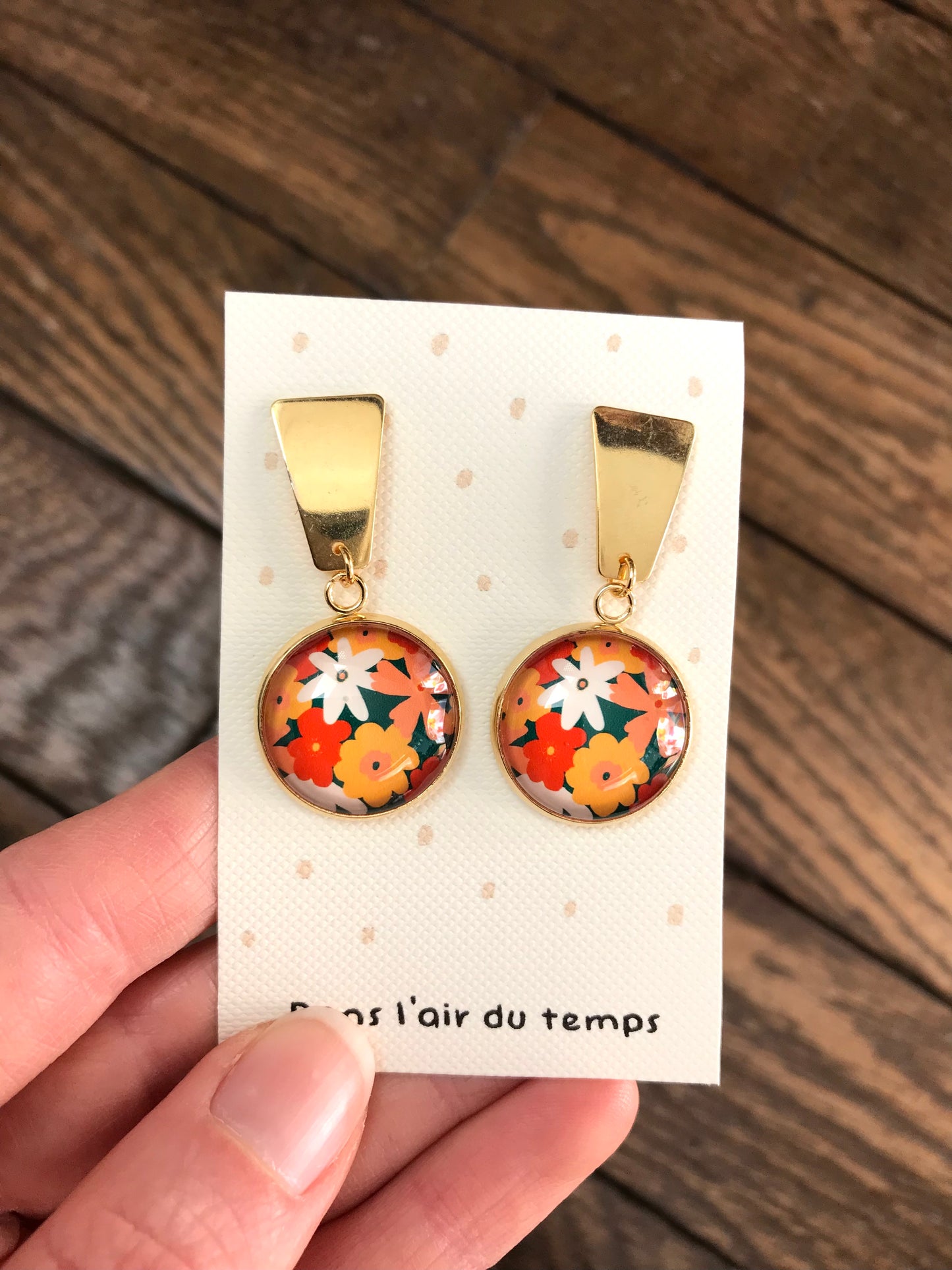 Orange Colorful Flower Gold  earrings