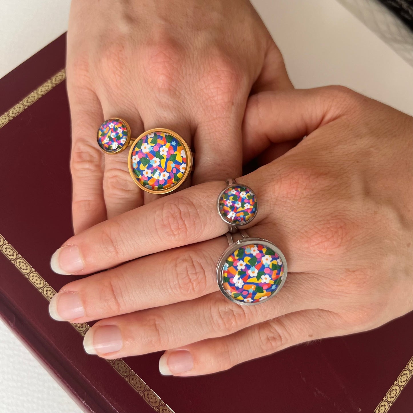 Bague dorée Fleurs Liberty multicolores